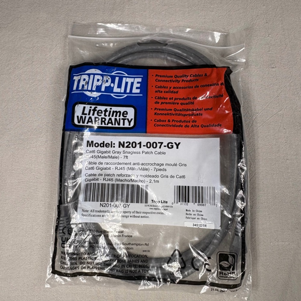 Tripp Lite N201-007-GY Cat6 Gigabit Gray‎ Snagless Patch Cable RJ45 7ft Ethernet